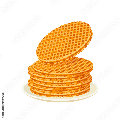 Round waffles filling with caramel. Vector illustration cartoon flat icon isolated on white.