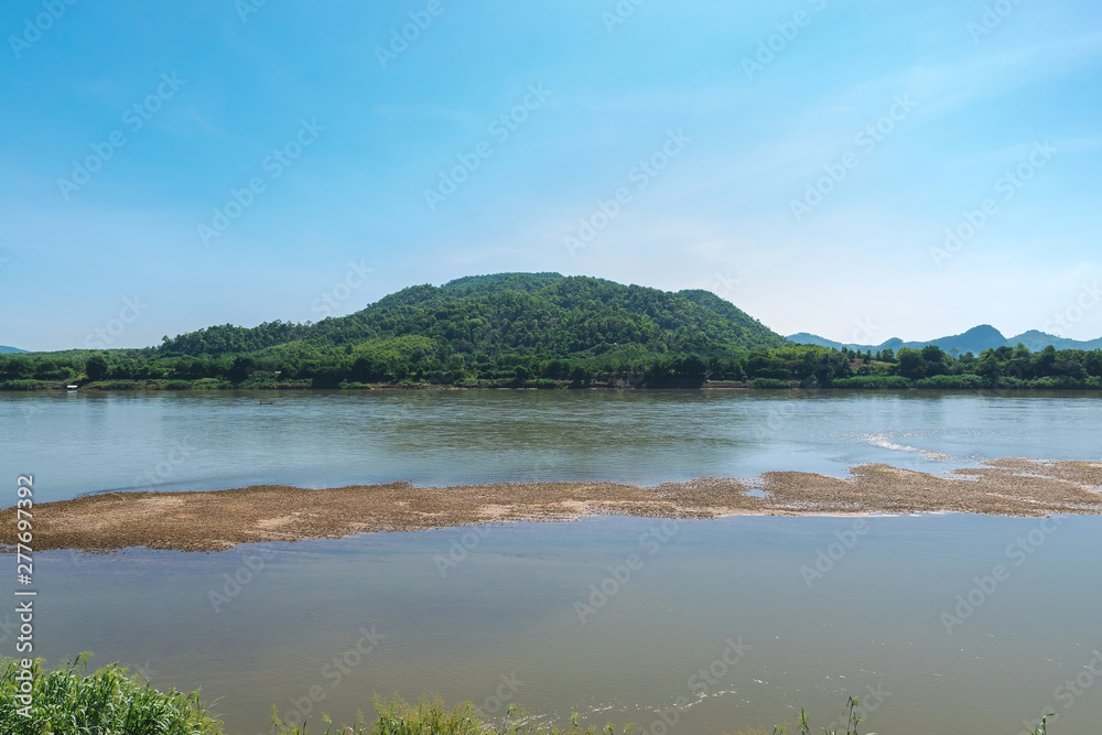 The beauty of the Mekong River and mountains in Nong Khai province of Thailand.
