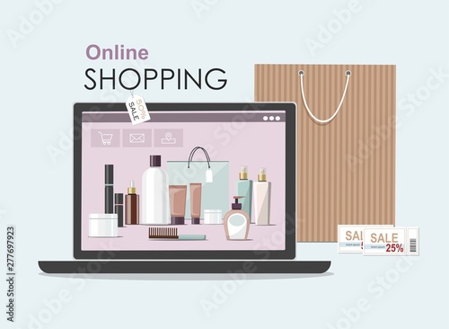  Make Up products on laptop  with cosmetic bag. Online shopping concept. Vector Illustration