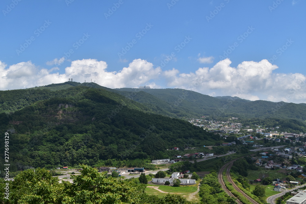 Landscape with mountain and town in Hokkaido, Japan