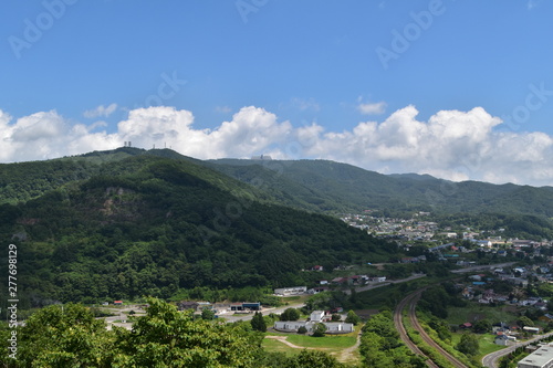 Landscape with mountain and town in Hokkaido, Japan