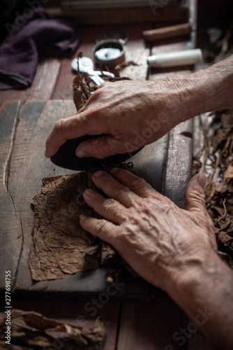 Photography Cigar rolling or making by torcedor in cuba