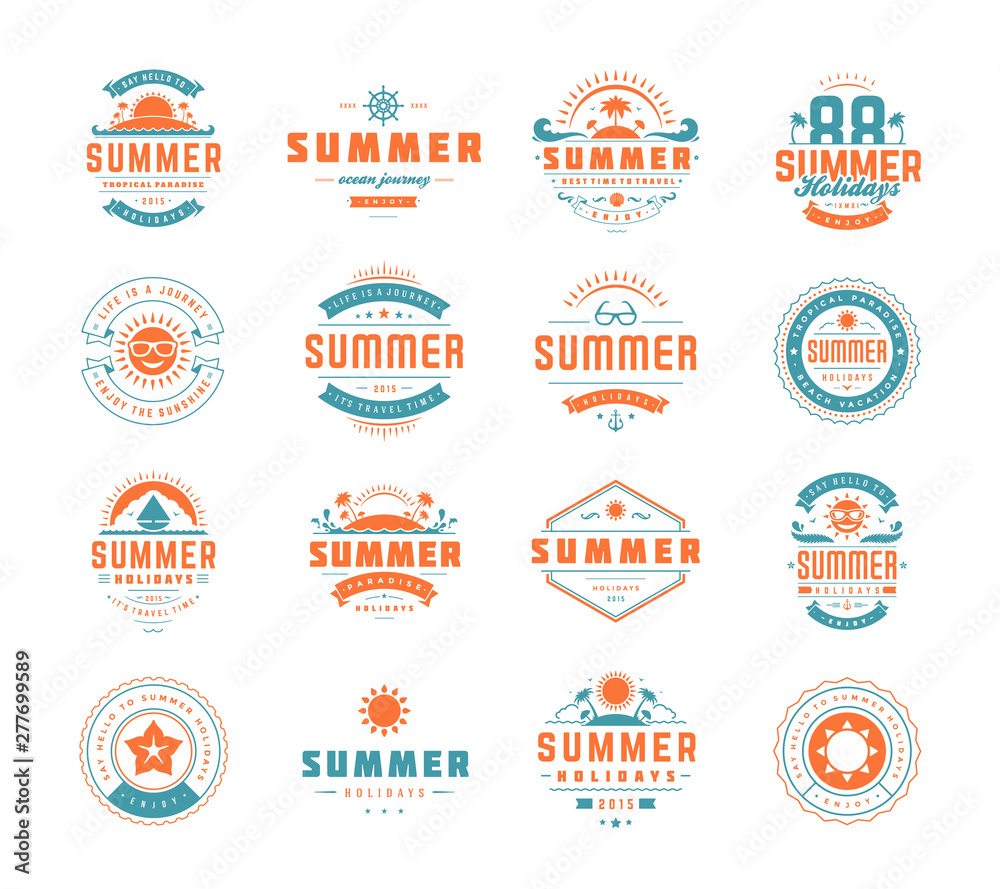 Obraz premium Summer design elements and symbols typographic labels and badges set vector illustration.