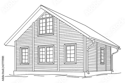 Wooden two-story house. Vector drawing isolated on white background.