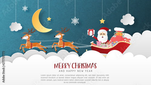 Merry Christmas and Happy new year greeting card in paper cut style. Vector illustration Christmas celebration background. Banner, flyer, poster, wallpaper, template, advertising display.