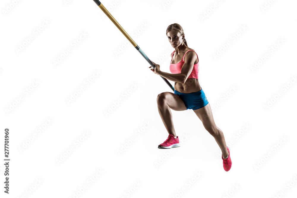 Power and beauty and purity. Professional female pole vaulter training on white studio background. Fit and slim female model practicing. Concept of sport, healthy lifestyle, action, movement, motion. Power and beauty and purity. Professional female pole vaulter training on white studio background. Fit and slim female model practicing. Concept of sport, healthy lifestyle, action, movement, motion.