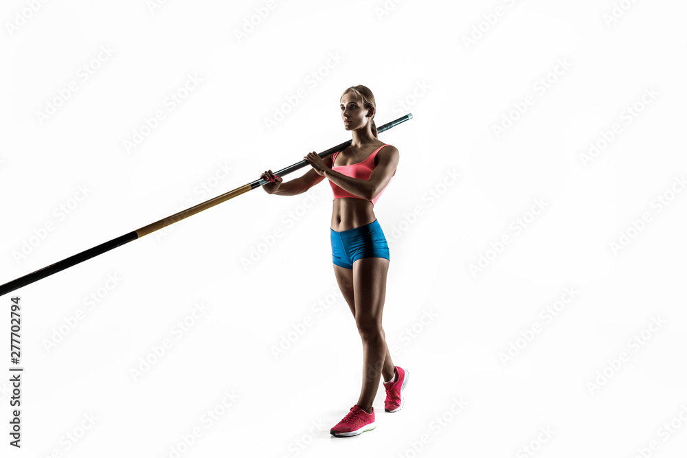 Power and beauty and purity. Professional female pole vaulter training on white studio background. Fit and slim female model practicing. Concept of sport, healthy lifestyle, action, movement, motion. Power and beauty and purity. Professional female pole vaulter training on white studio background. Fit and slim female model practicing. Concept of sport, healthy lifestyle, action, movement, motion.