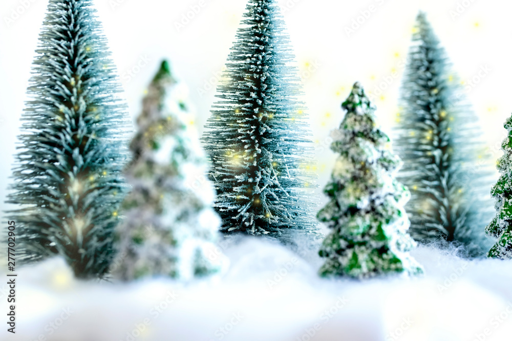 冬の森林と雪と緑と白バック