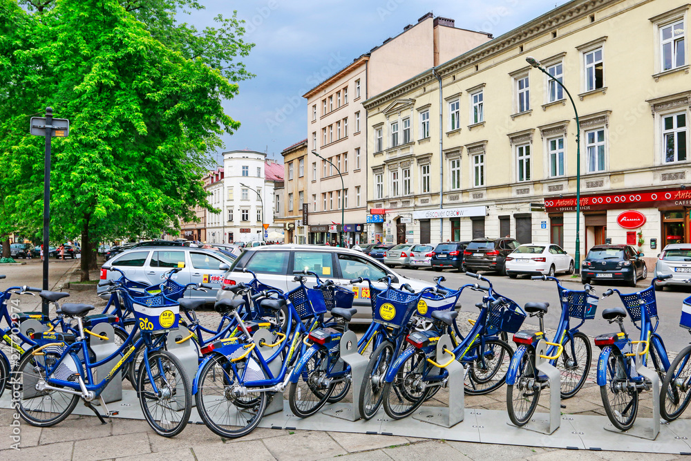 KRAKOW,POLAND - MAY 11, 2018: Bike station by the Krakowska street
