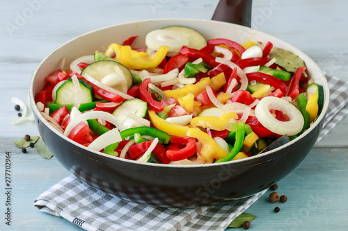 Mixed vegetables on frying pan.