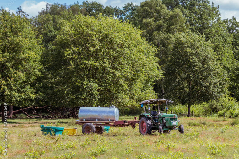 Oldtimer Traktor mit Wasserfass im Naturschutzgebiet