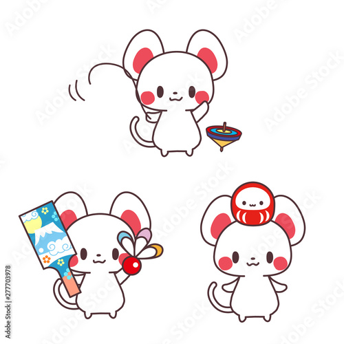 年賀状素材 子年 ネズミ年 コマ回し 羽根つき 達磨だるま 縁起物 正月イラスト Stock ベクター Adobe Stock