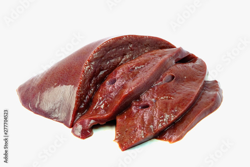 slice raw liver on white background