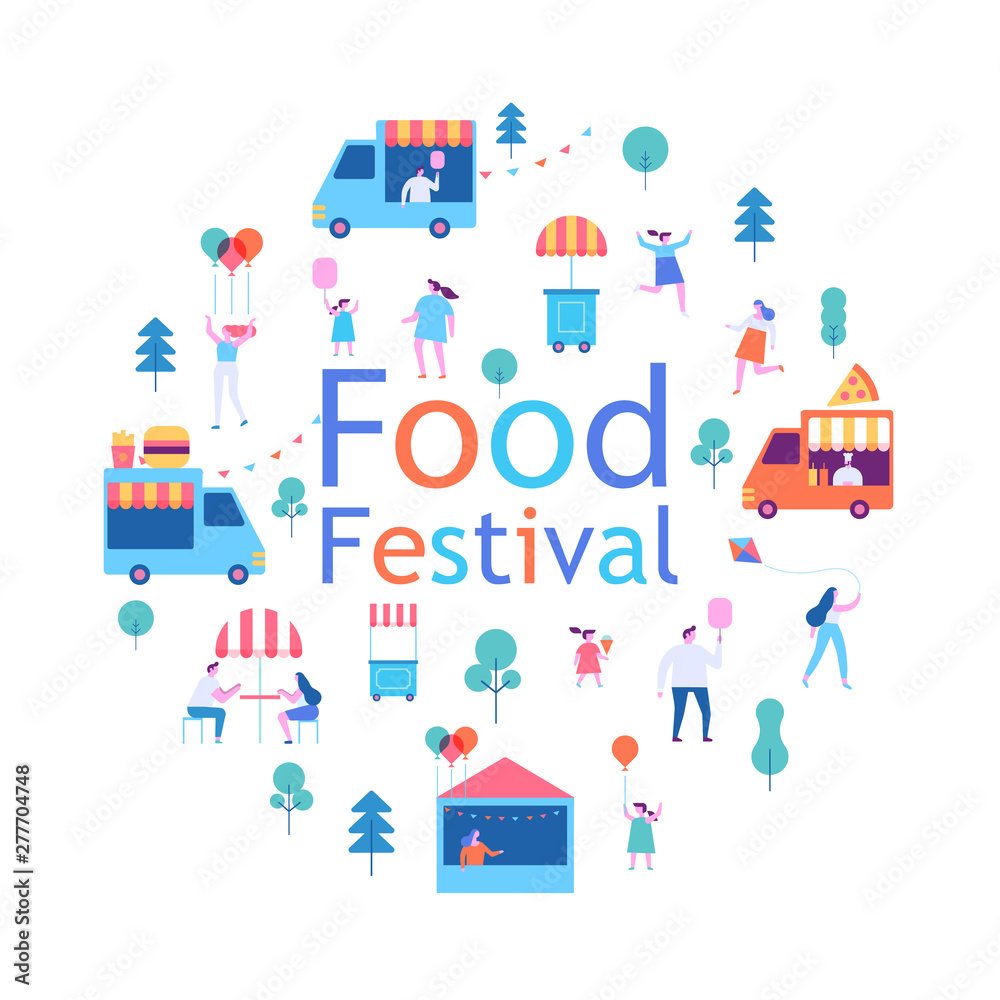 Summer food festival. Food street fair, family festival. People walking, riding bicycle, eating street food, have fun together. Flat vector poster and banner colorful design.