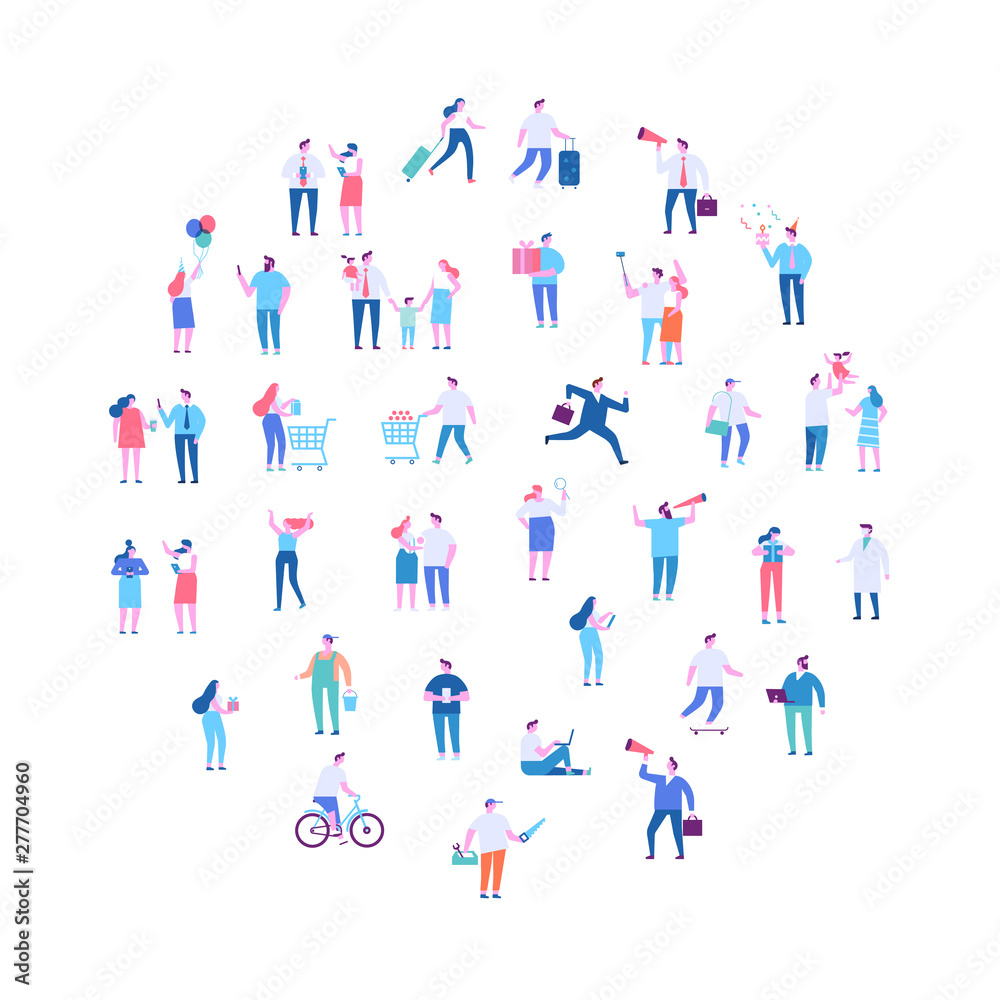 Men and women vector set. Crowd. Different people. Flat vector characters isolated on white background.	