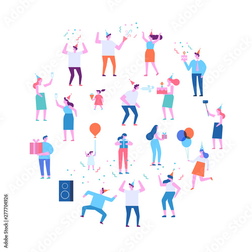 Birthday party, celebration, event. Friendship. People vector set. Couples. Male and female flat characters isolated on white background. 