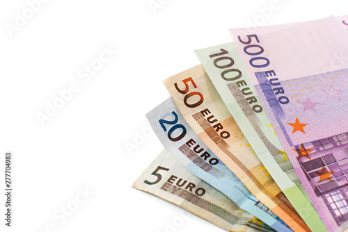 Euro cash. Many Euro banknotes isolated on white with copy space