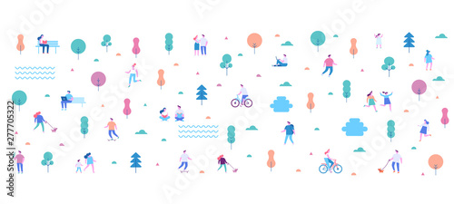 Various people at summer park. Leisure outdoor activities -walking, riding bicycle, eating street food, walking dog, playing. Background people characters. Modern Flat vector illustration.	