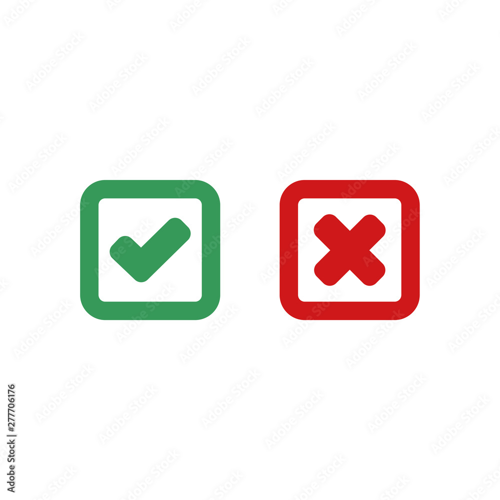 Green check mark and red cross icon symbol template black color editable vector sign isolated on white background illustration for graphic and web design. Green check mark and red cross icon symbol template black color editable vector sign isolated on white background illustration for graphic and web design.