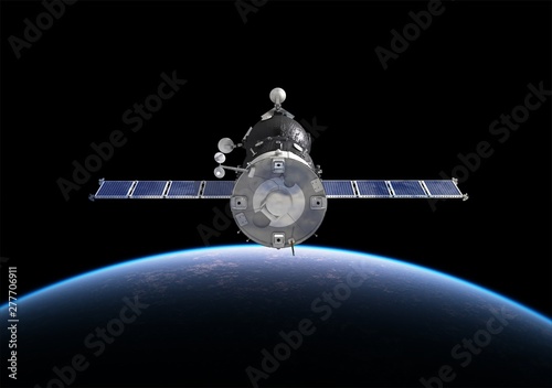 Spacecraft Orbiting Earth. 3D Illustration.