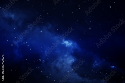 Night sky with clouds. Universe filled with stars, nebula and galaxy