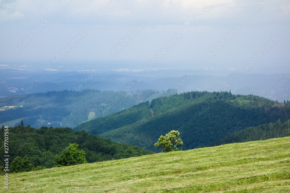 Panoramic landscape view of Beskydy mountains from Loucka in Nydek, Moravian Silesian region, Czech republic, Europe. Attractive light, after a storm.