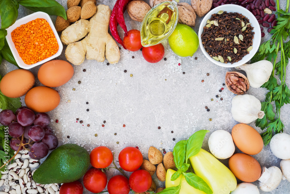 Healthy nutrition concept. Balanced healthy organic diet food. Fresh vegetables, fruit, beans, meat, fish, dairy products. Space for text. Top view. Cooking ingredients. Clear eating. Copy space. Healthy nutrition concept. Balanced healthy organic diet food. Fresh vegetables, fruit, beans, meat, fish, dairy products. Space for text. Top view. Cooking ingredients. Clear eating. Copy space.