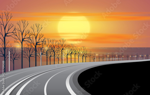 landscape of road on the beach in sunset