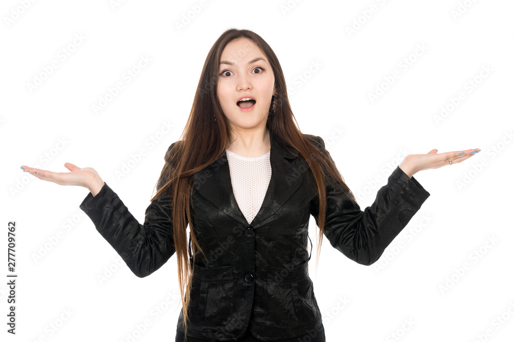 Portrait of a surprised Asian woman with hands to the sides in isolation over white background. Portrait of a surprised Asian woman with hands to the sides in isolation over white background.