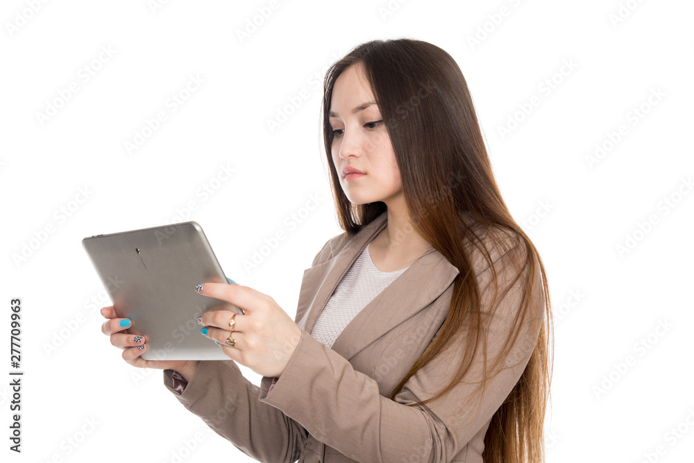Portrait asian woman with laptop tablet isolated over white background Portrait asian woman with laptop tablet isolated over white background