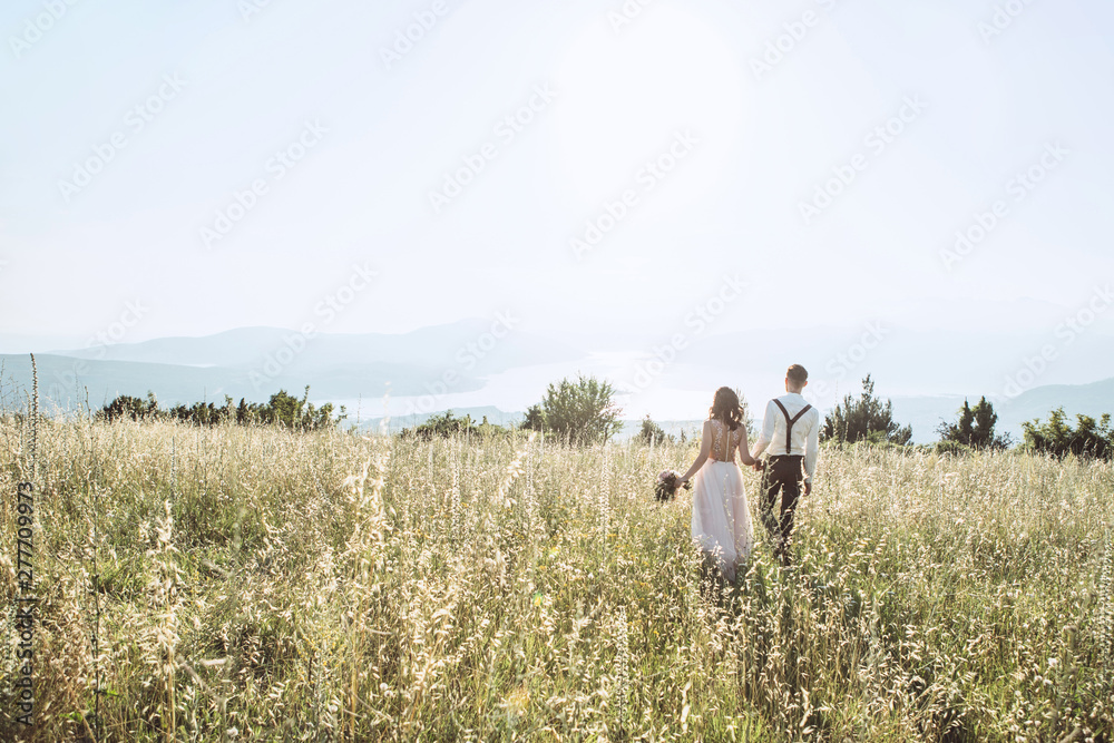 Rear view of a young couple walking in the field.