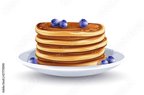 Pancakes with blueberries on the plate. Traditional sweet american breakfast with berries, Isolated on white background. Eps10 vector illustration.