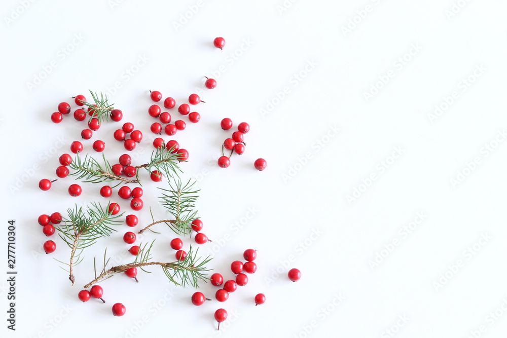 Frame of red berries , green twigs on a white background with space for text. Top view, flat lay. Fall decorative Frame of red berries , green twigs on a white background with space for text. Top view, flat lay. Fall decorative