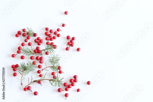 Frame of red berries , green twigs on a white background with space for text. Top view, flat lay. Fall decorative
