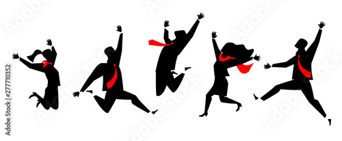 Vector Illustration of team jumping up in the air as a sign of success. Clip art, cartoon in silhouette style.