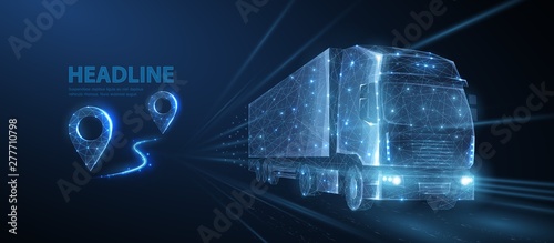Truck. Abstract vector 3d heavy lorry van. Highway road. Isolated on blue.