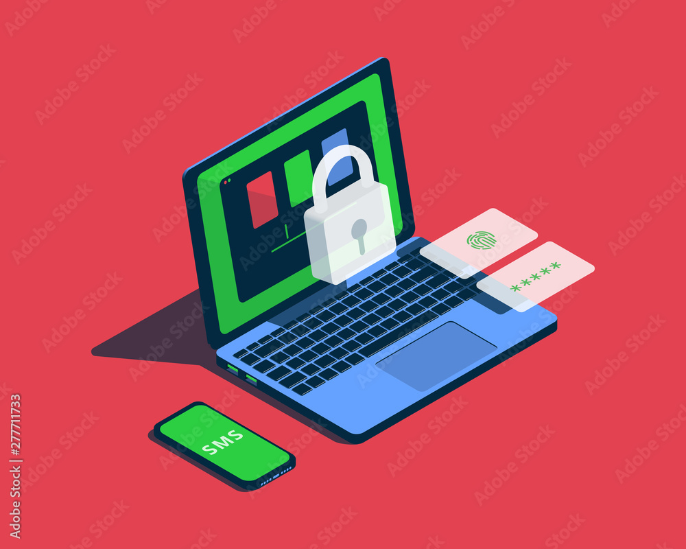 Isometric illustration with laptop and phone on the theme of data protection Isometric illustration with laptop and phone on the theme of data protection