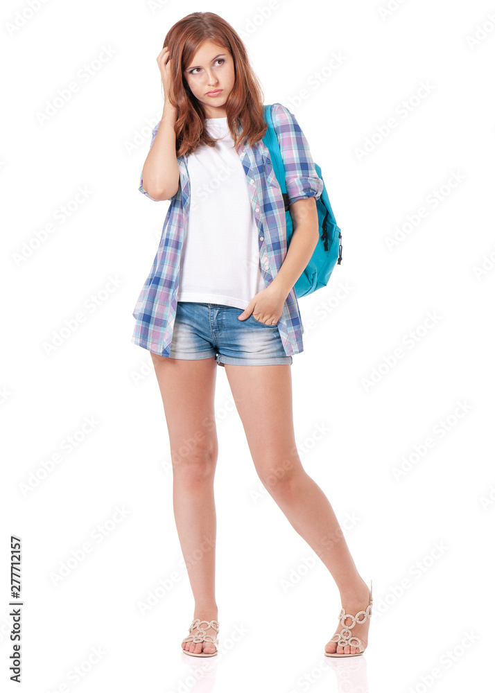 Full length portrait of beautiful thoughtful student girl with backpack, isolated on white background Full length portrait of beautiful thoughtful student girl with backpack, isolated on white background