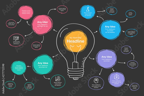 Hand drawn infographic for mind map visualization template with light bulb as a main symbol, colorful circles and icons - dark version. Easy to use for your design or presentation.