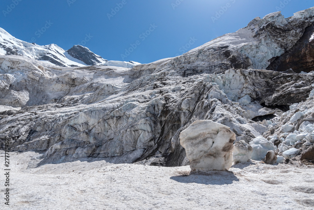 Mountain glaciers and large blocks of snow with ice in the eternal glaciers in Alibek, Dombay, Karachay-Cherkess Rep. Russia