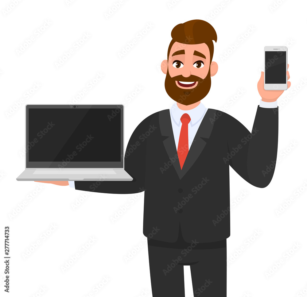 Young business man holding or showing a new brand, blank screen laptop computer (PC) and mobile, cell, smartphone in hand. Modern lifestyle, digital technology device, gadget, mobile app in cartoon. Young business man holding or showing a new brand, blank screen laptop computer (PC) and mobile, cell, smartphone in hand. Modern lifestyle, digital technology device, gadget, mobile app in cartoon.