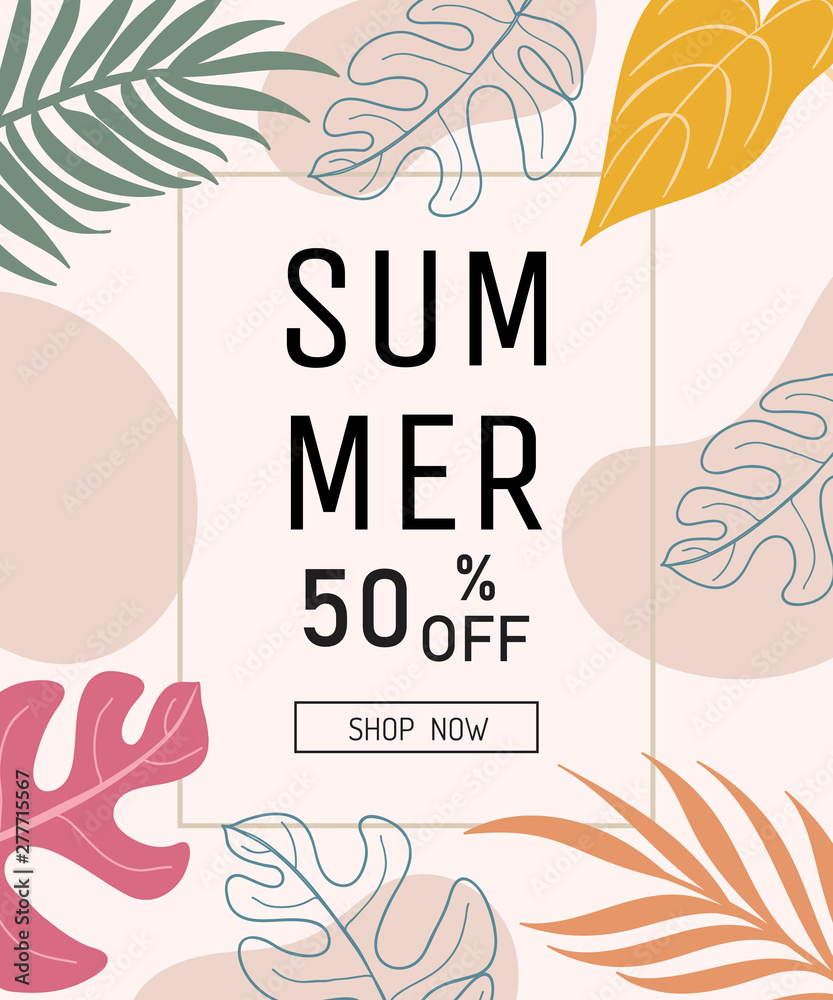 summer sale design banner, tropical leaves, palm leaves, background, poster. vector.