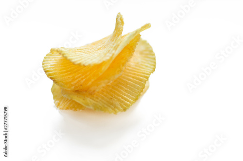 Ribbed potato chips collection isolated on white background. Potato chips, unhealthy eatting.