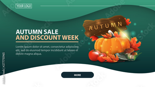 Autumn sale and discount week, modern discount web banner for the site with harvest of vegetables and a wooden sign