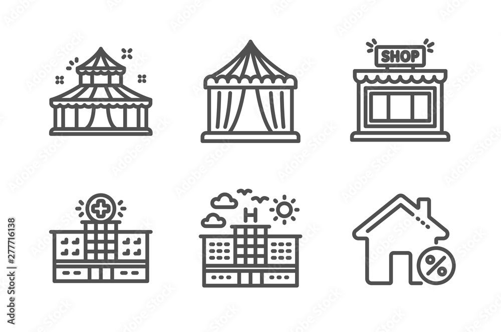 Circus tent, Hotel and Shop icons simple set. Hospital building, Circus and Loan house signs. Attraction park, Travel. Buildings set. Line circus tent icon. Editable stroke. Vector