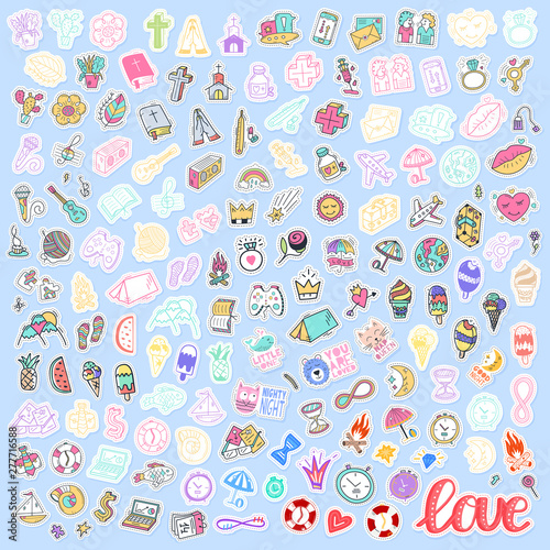 Mega Set of different element stickers, love, religion, travel patches and handwritten collection in cartoon style. Funny greetings for clothes, card, badge, icon, postcard, banner, tag, print