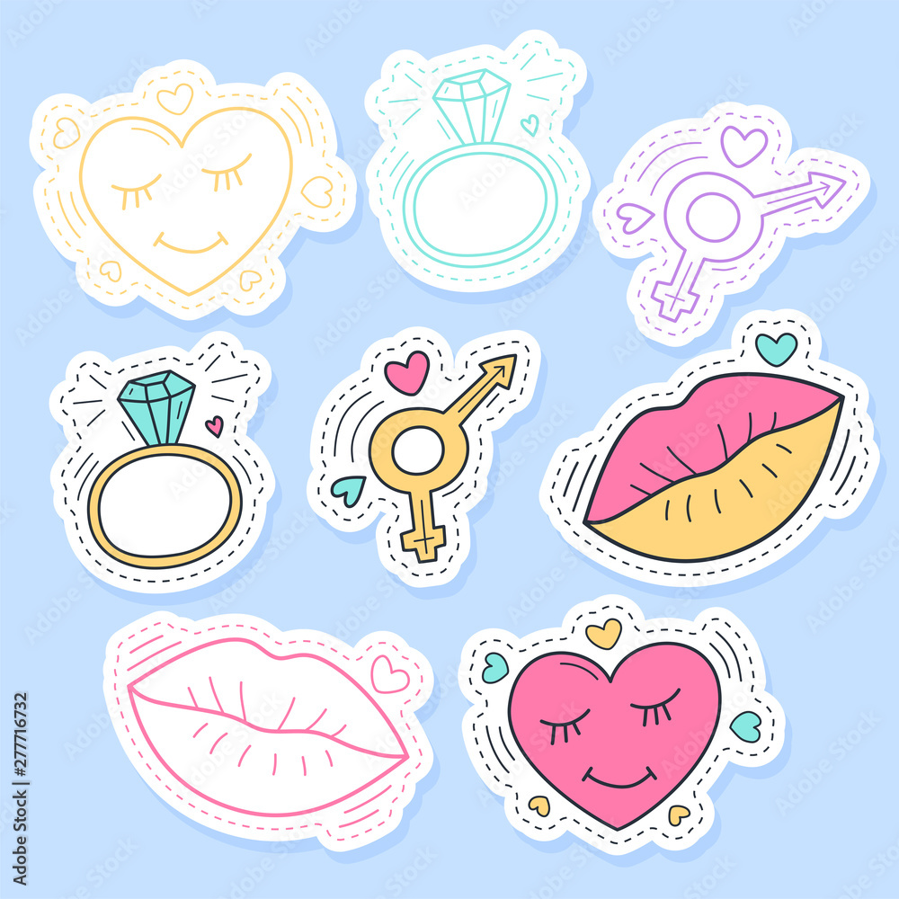 Set of love stickers, pins, patches and handwritten collection in cartoon style. Funny greetings for clothes, card, badge, icon, postcard, banner, tag, stickers, print Set of love stickers, pins, patches and handwritten collection in cartoon style. Funny greetings for clothes, card, badge, icon, postcard, banner, tag, stickers, print