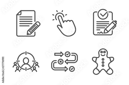 Survey progress, Touchpoint and Article icons simple set. Business targeting, Rfp and Gingerbread man signs. Algorithm, Touch technology. Business set. Line survey progress icon. Editable stroke
