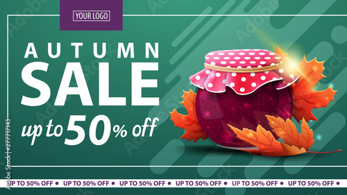 Autumn sale, discount horizontal web banner for online store with jar of jam and maple leaves