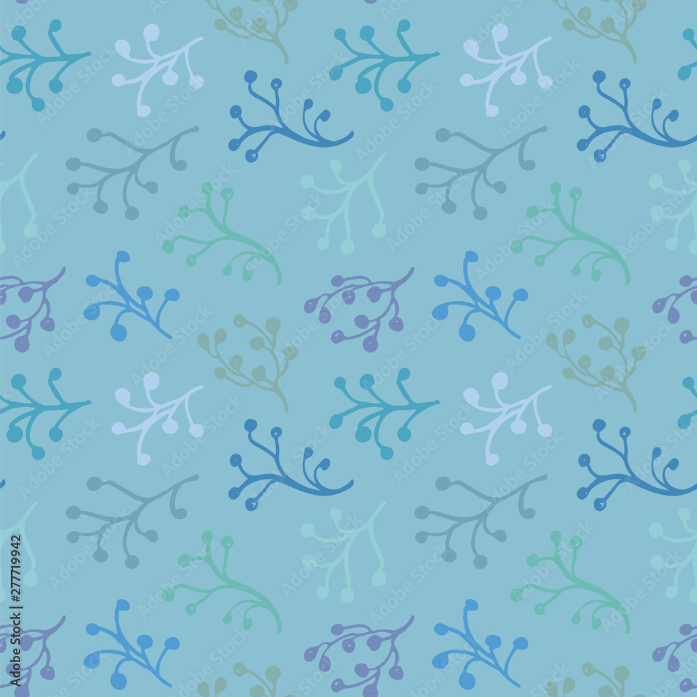 Blue vector repeat pattern with seaweed. Summer beach pattern. Surface pattern design.